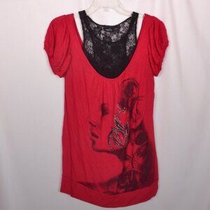 Rue21 Red Tunic Black Lace Rayon Top Size Large